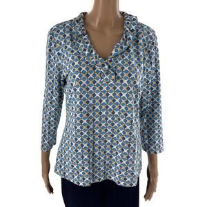 J. McLaughlin Blue and Cream Geometric Blouse